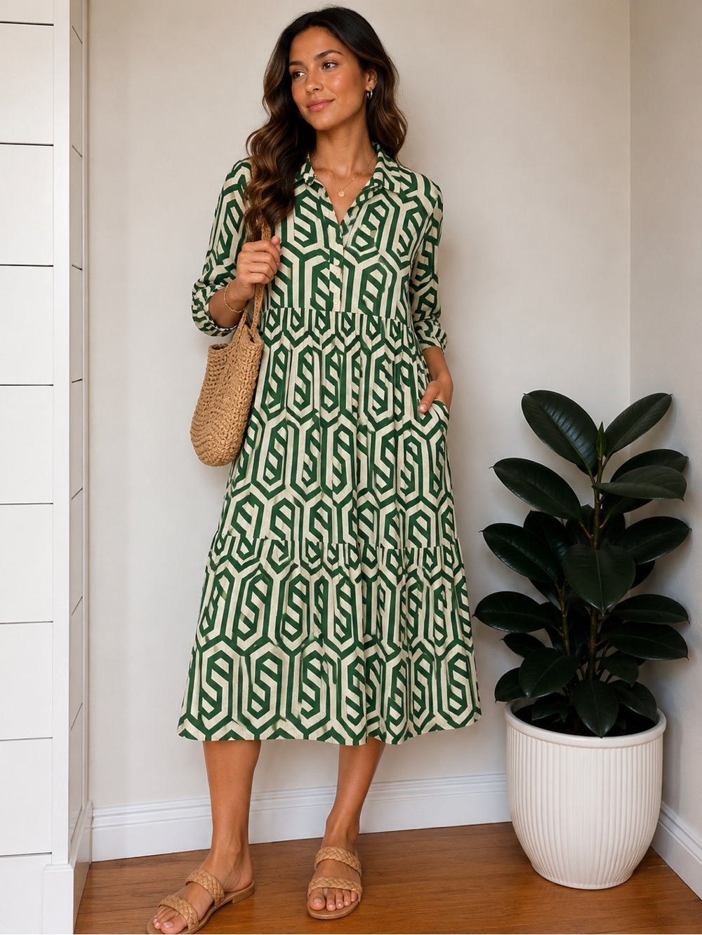 Zara 100% Cotton Green Geometric Print Tiered Midi Shirt Dress XL